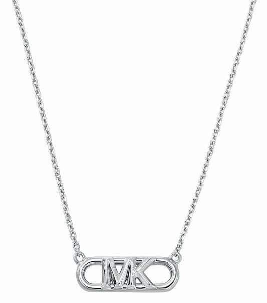 Silver Michael Kors necklace displayed elegantly from a side angle, featuring a gleaming chain and a prominent logo charm.