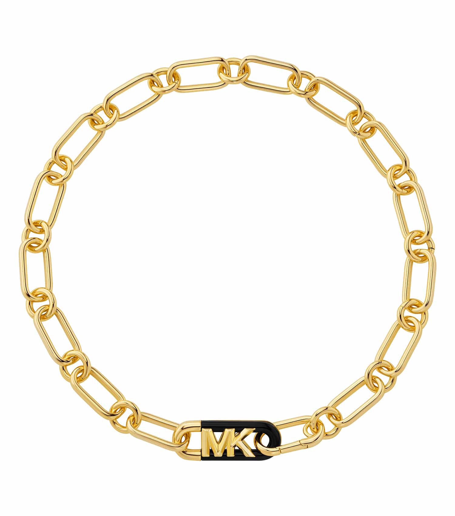 Gold Michael Kors necklace displaying a sophisticated chain design, artistically captured from a side angle, encapsulating luxury fashion.