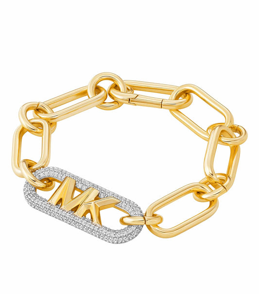 Michael Kors 2-Tone Brass Bracelet, elegant side angle view showcasing intricate design and premium craftsmanship.