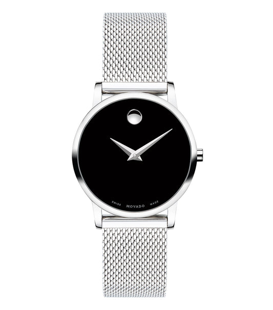 Elegant Movado classic watch in black, angled from the side, showcasing sleek design and craftsmanship, inviting timeless style.