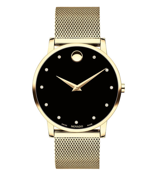Movado classic watch in elegant black, side angle showcasing minimalist design, sleek black leather strap, timeless style