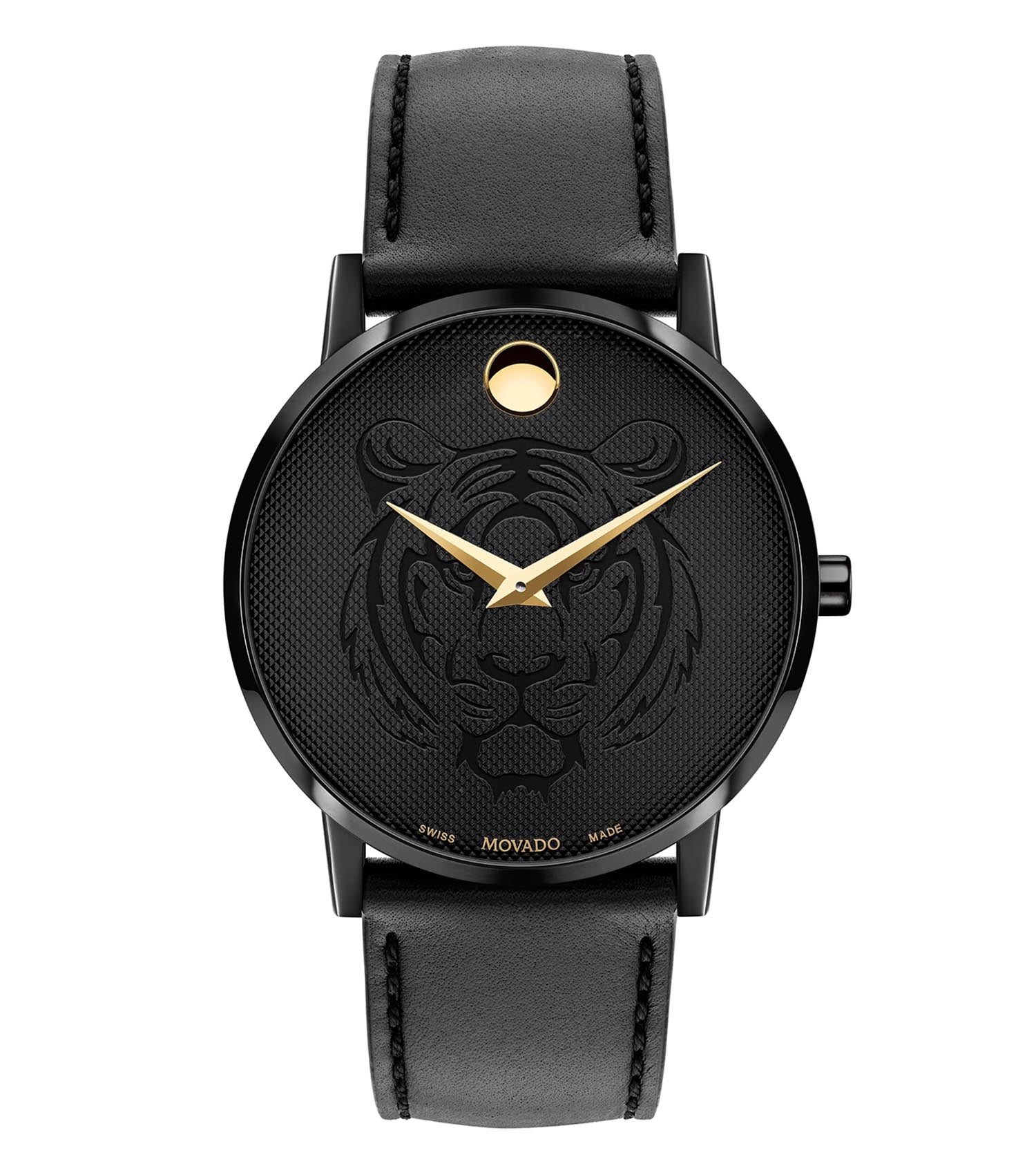 Movado classic watch with sleek black dial and polished silver-tone case, photographed at a 40-degree angle, a timeless design.