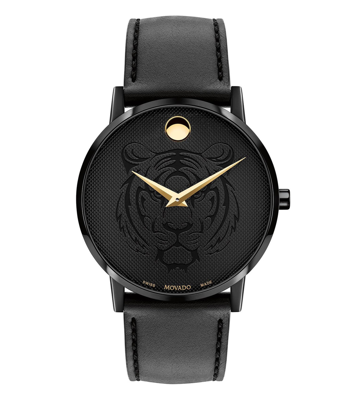 Movado classic watch with sleek black dial and polished silver-tone case, photographed at a 40-degree angle, a timeless design.