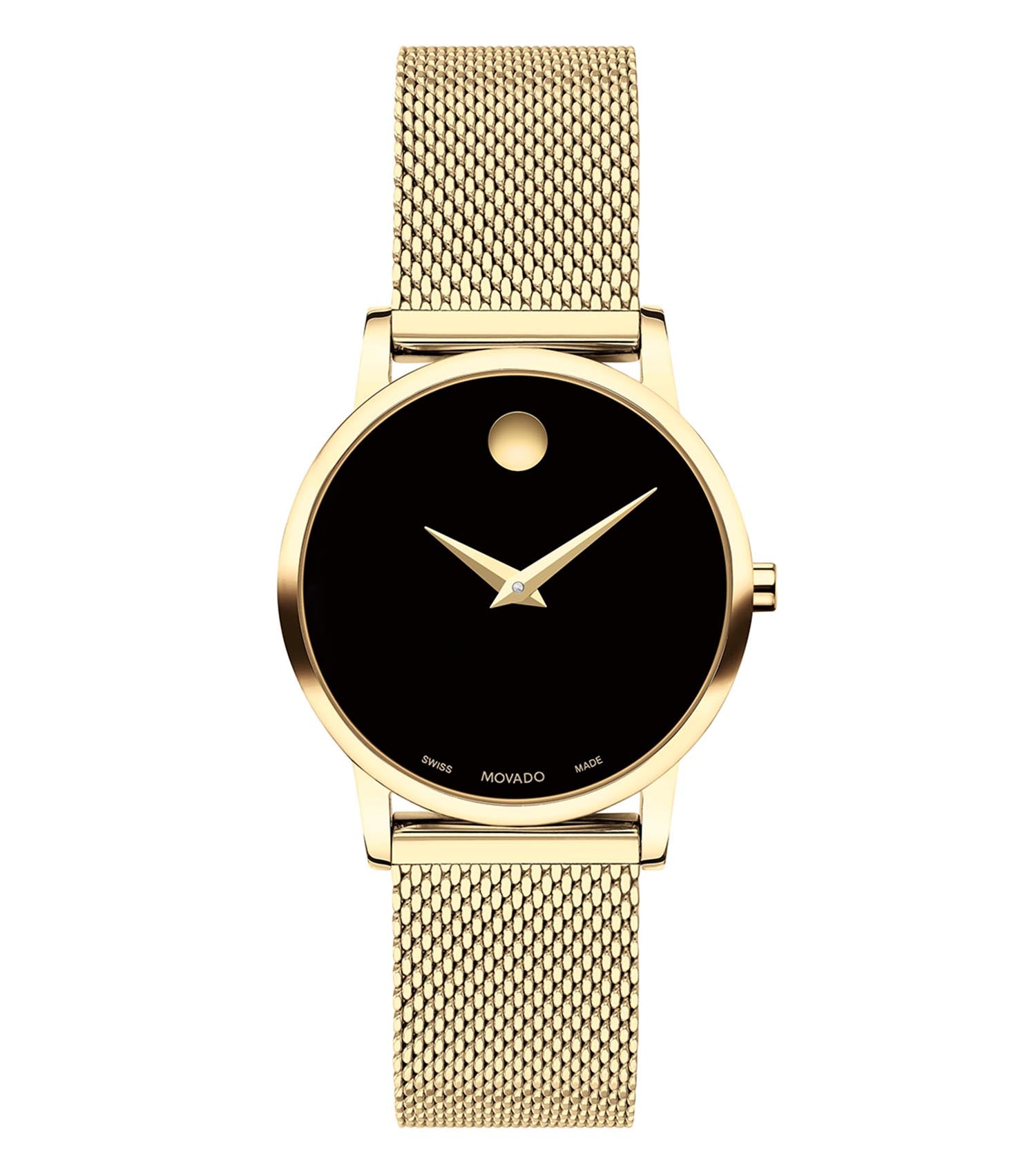 Classic Movado watch with a gold-tone stainless steel dial and simple elegance, captured at a 45-degree angle against a white background.