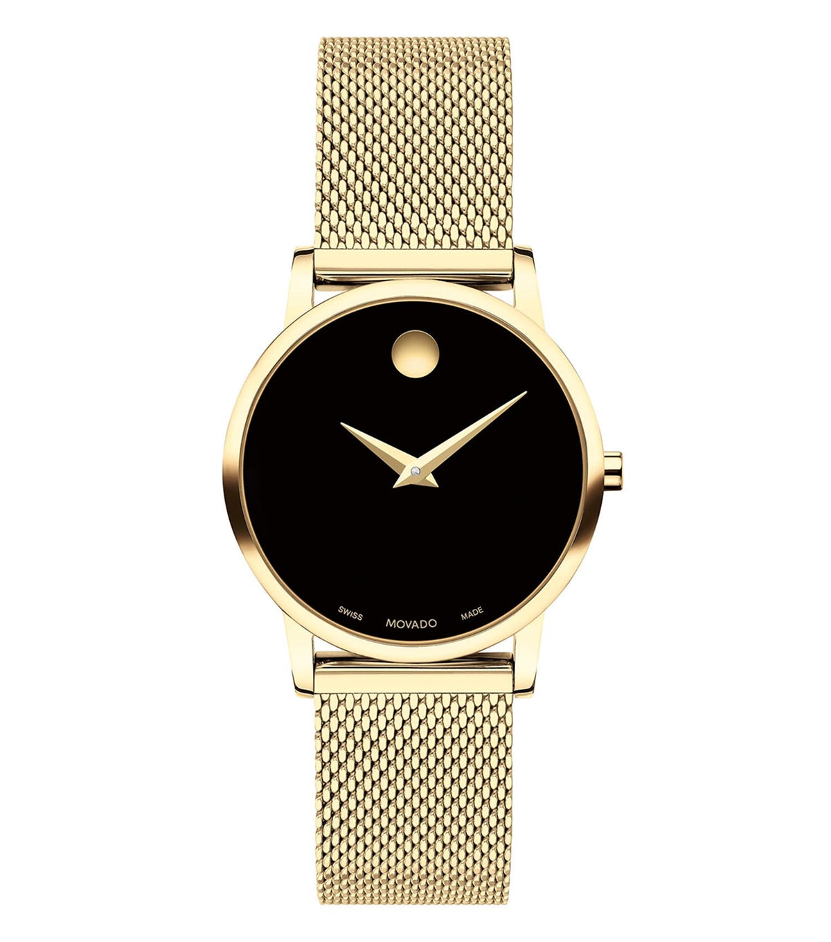 Classic Movado watch with a gold-tone stainless steel dial and simple elegance, captured at a 45-degree angle against a white background.