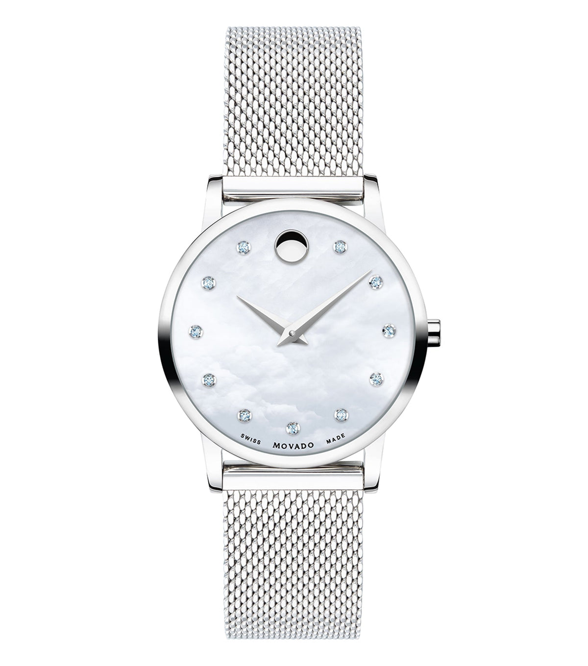Movado Classic Quartz watch with elegant golden bezel and black leather strap, front angle showcasing timeless design