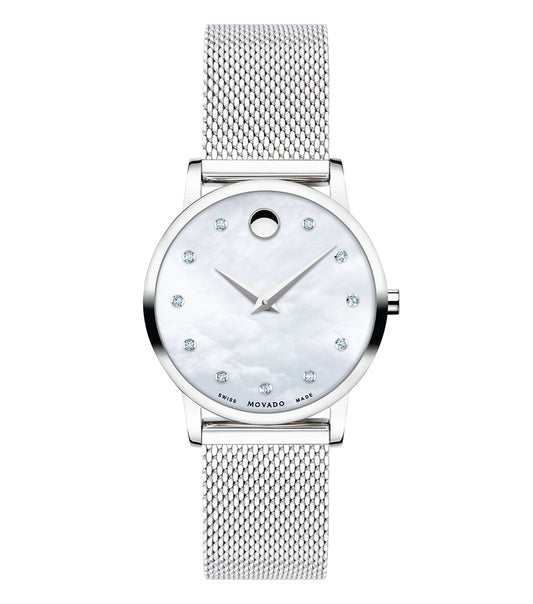 Movado Classic Quartz watch with elegant golden bezel and black leather strap, front angle showcasing timeless design