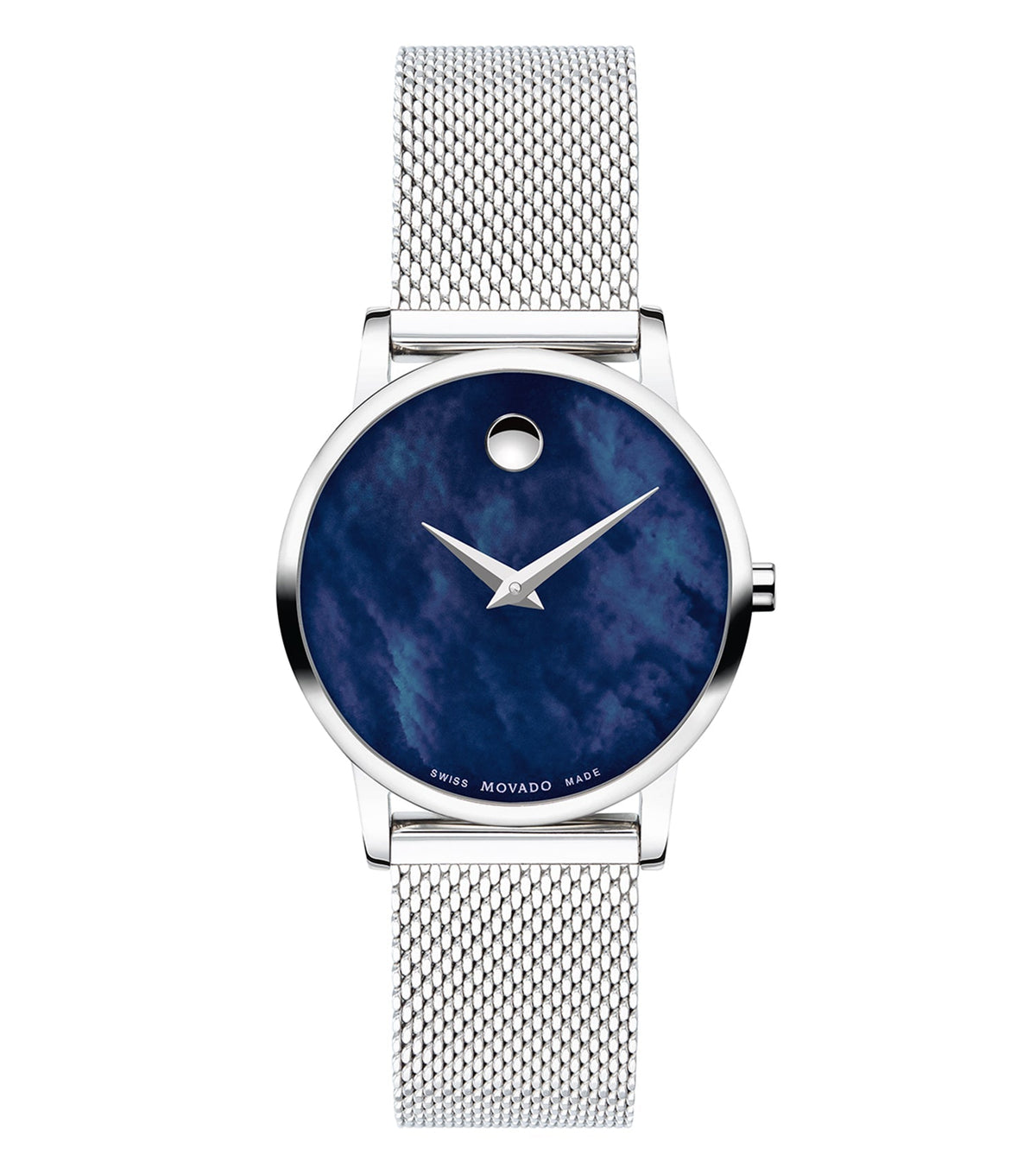 Classic Movado watch in black; elegant side angle showcasing minimalist dial and silver links, epitomizing timeless style.