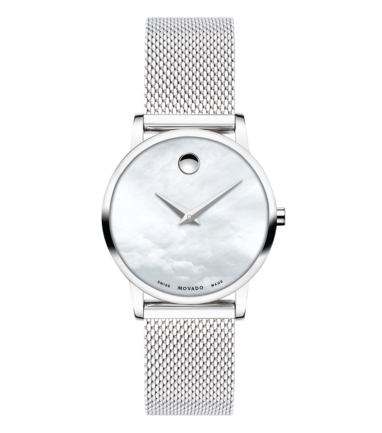 Side angle view of elegant, monochrome Movado watch showcasing sleek black leather strap and minimalist dial with signature dot.