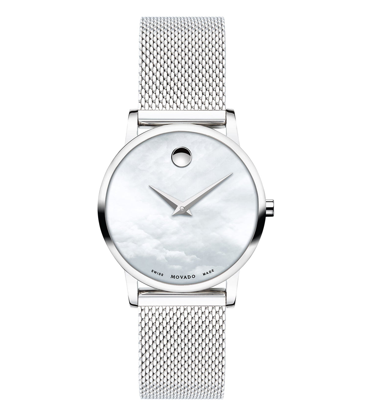 Side angle view of elegant, monochrome Movado watch showcasing sleek black leather strap and minimalist dial with signature dot.