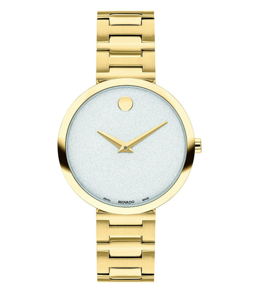 Sleek Movado classic color watch with minimalist dial, gold-tone bezel, and black leather strap, front angle view.