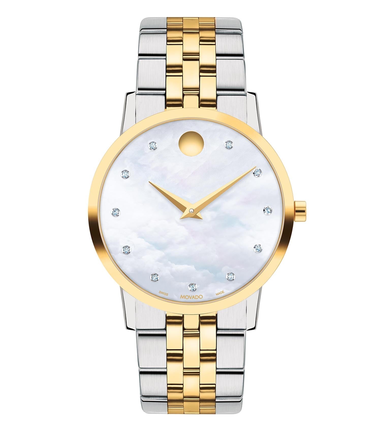 Movado classic watch with black strap, minimalist black dial, and sleek silver case at an angled side view for elegance.