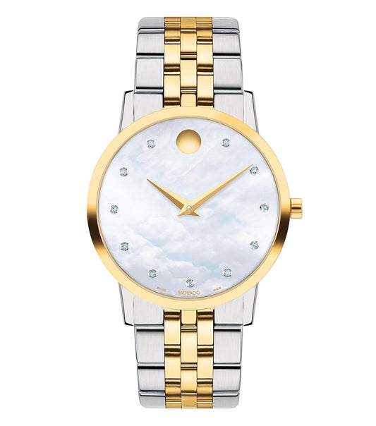 Movado classic watch with black strap, minimalist black dial, and sleek silver case at an angled side view for elegance.