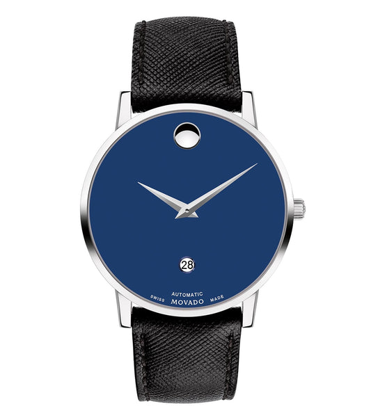 Elegant Movado watch in classic color, capturing a side angle view, showcasing its sleek design and craftsmanship detail.