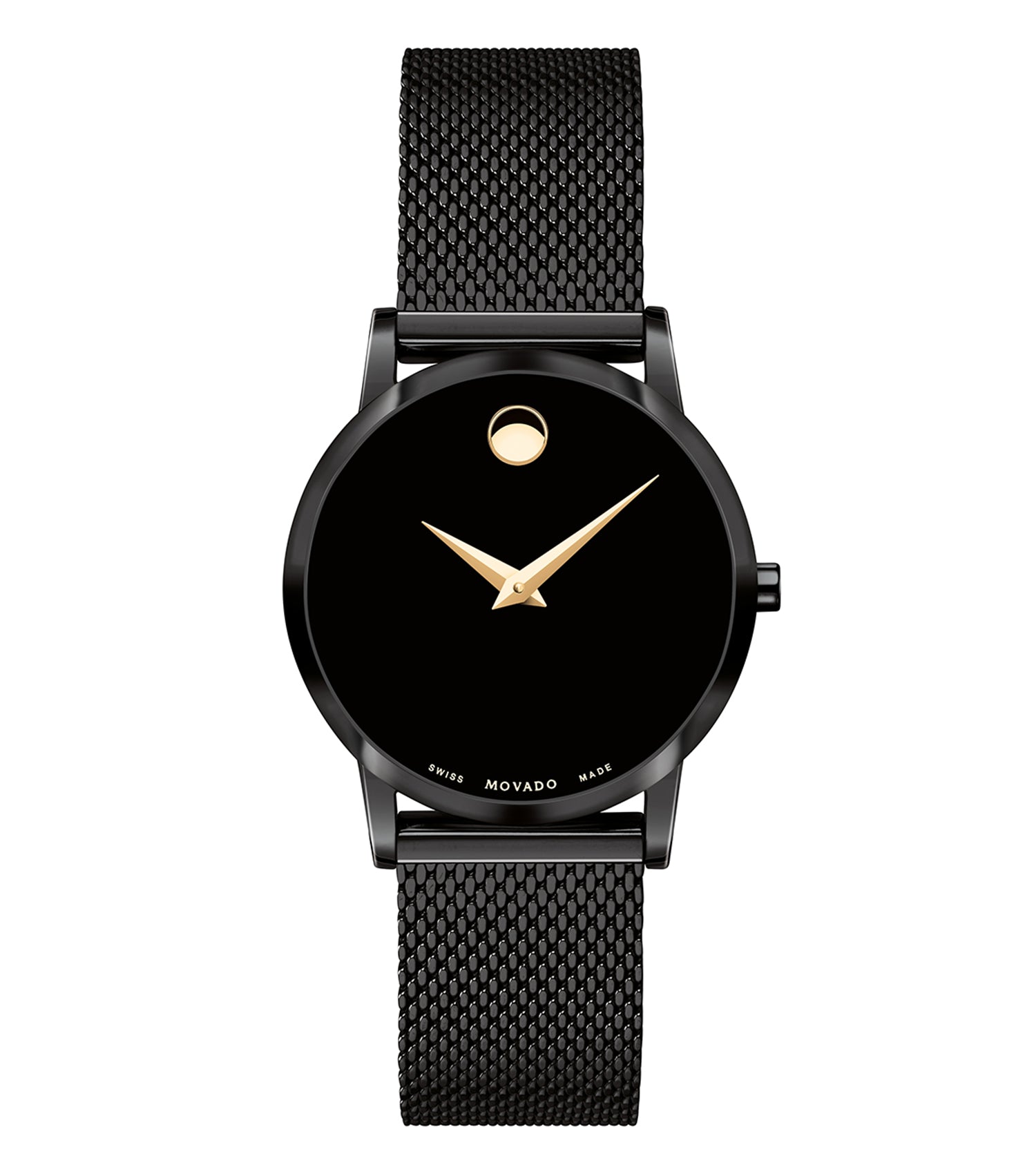 Classic Movado watch in black, angled slightly from above, showcasing its circular design and refined elegance.