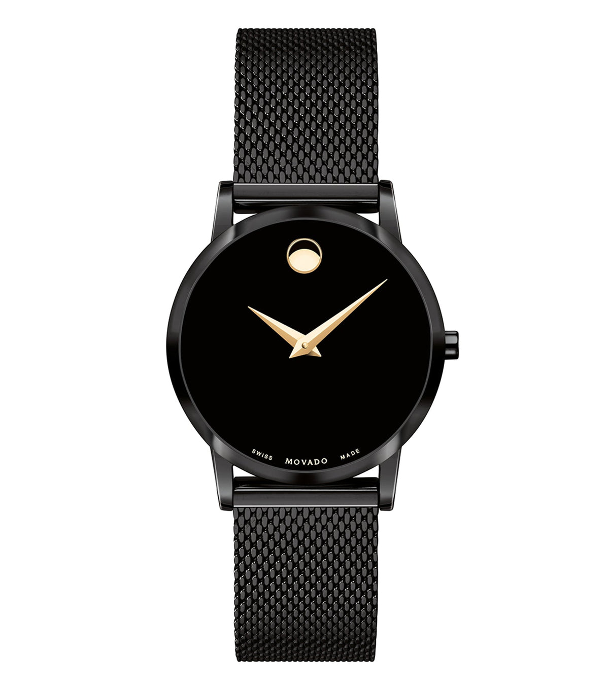 Classic Movado watch in black, angled slightly from above, showcasing its circular design and refined elegance.