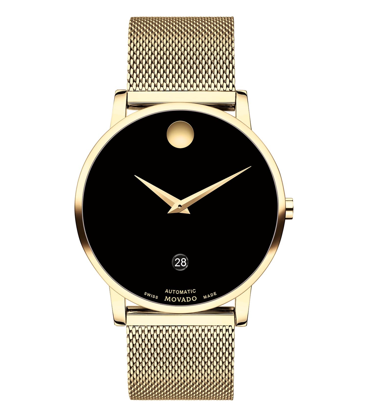 Movado luxury watch featuring a sleek black dial and stainless steel bracelet, angled to showcase its iconic minimalist design.