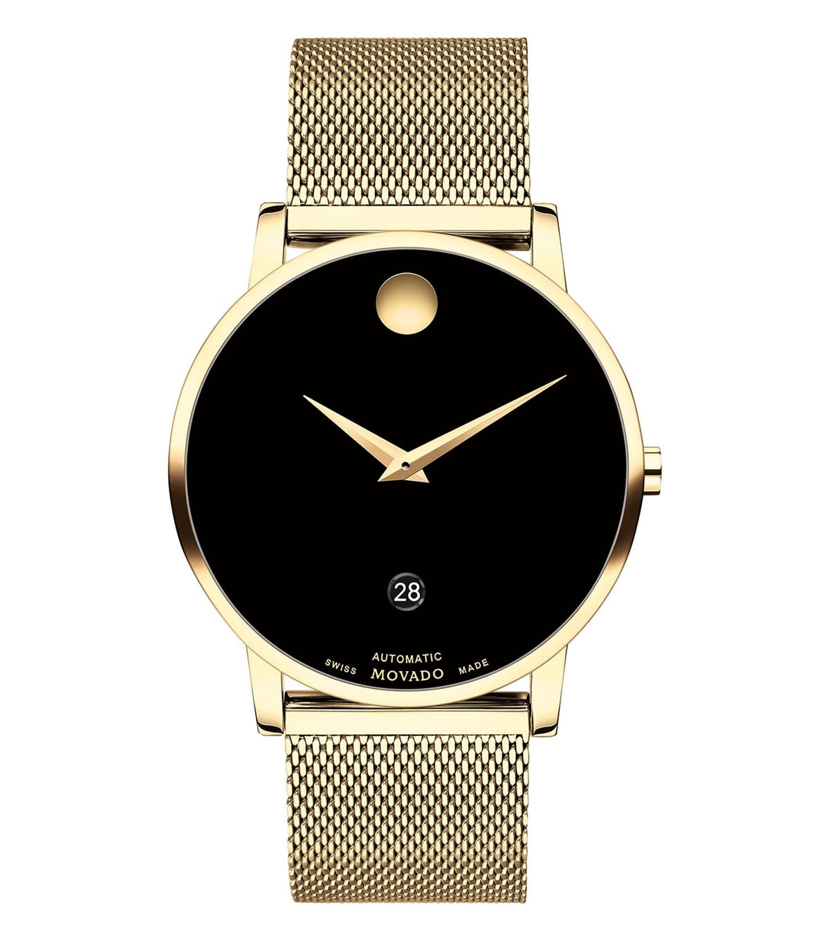 Movado luxury watch featuring a sleek black dial and stainless steel bracelet, angled to showcase its iconic minimalist design.