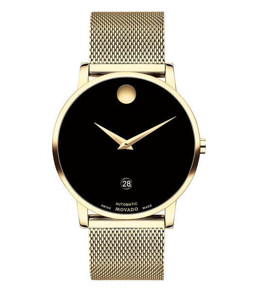 Movado luxury watch featuring a sleek black dial and stainless steel bracelet, angled to showcase its iconic minimalist design.