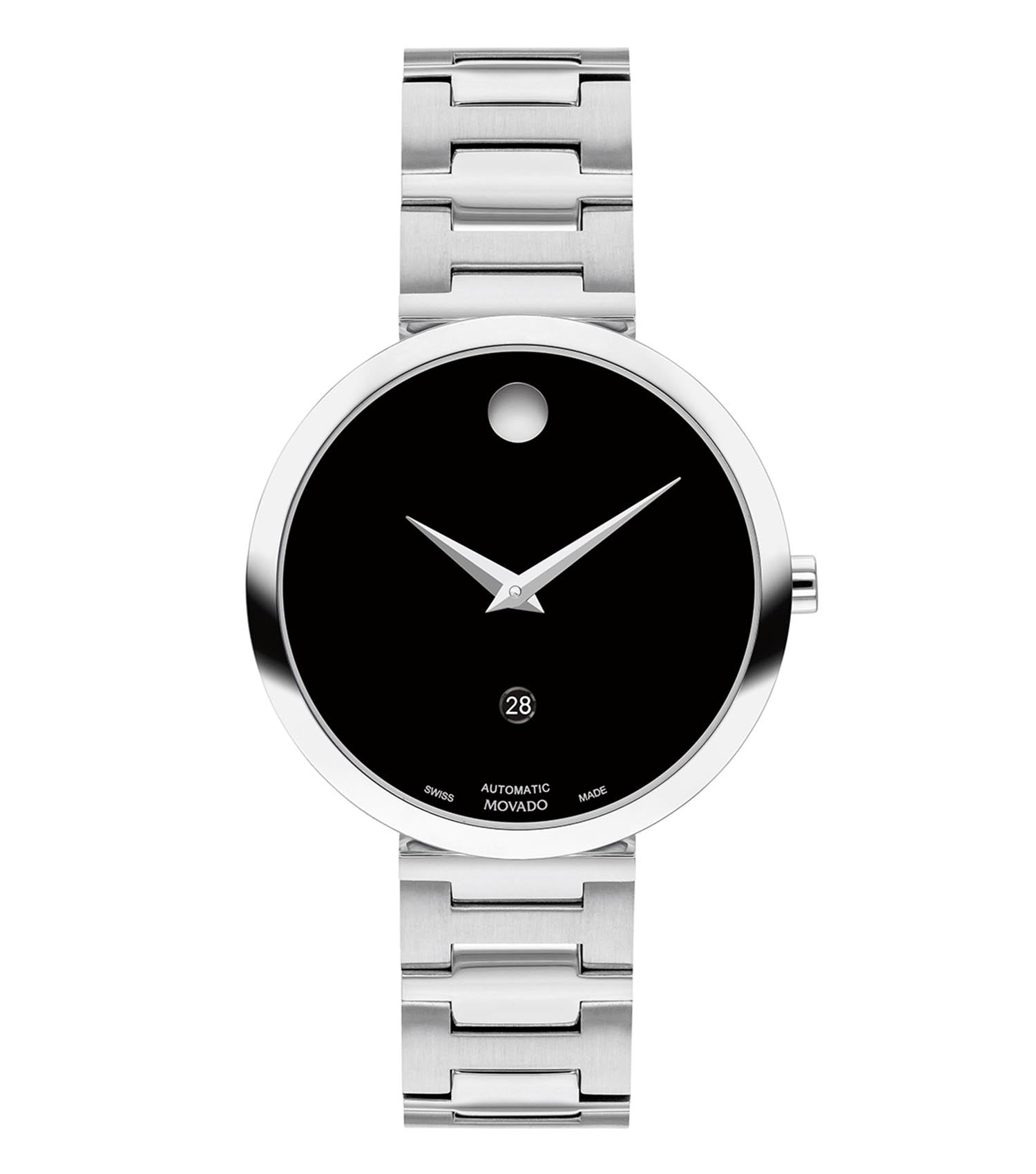 Classic Movado watch in elegant black, showcased at a slight angle, highlighting its sleek, timeless design and elements.