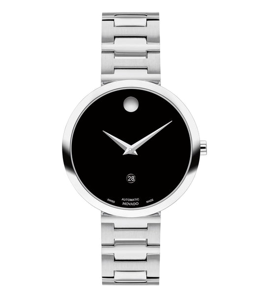 Classic Movado watch in elegant black, showcased at a slight angle, highlighting its sleek, timeless design and elements.