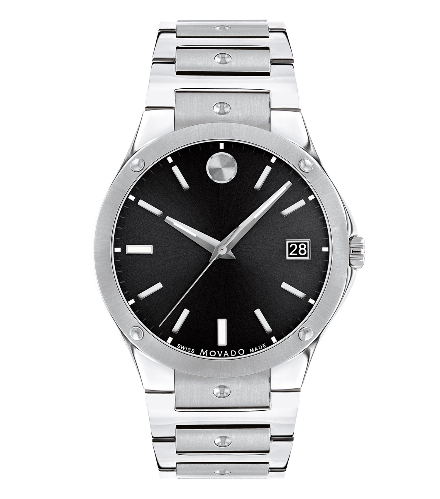 Movado watch in quartz color, stylishly captured from a front angle, showcasing its clean dial and sleek stainless steel band.