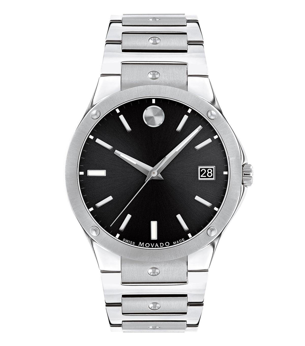Movado watch in quartz color, stylishly captured from a front angle, showcasing its clean dial and sleek stainless steel band.