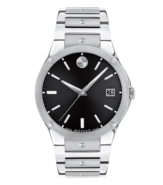 Movado watch in quartz color, stylishly captured from a front angle, showcasing its clean dial and sleek stainless steel band.