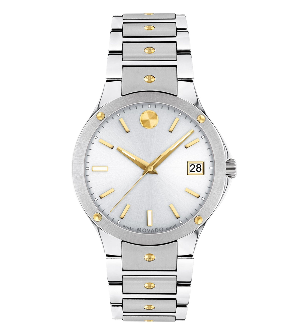 Movado men's watch with a sleek, classic black dial and stainless steel bracelet at a slight angle showcasing elegance.