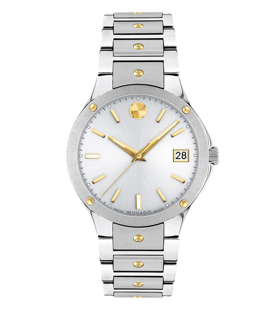 Movado men's watch with a sleek, classic black dial and stainless steel bracelet at a slight angle showcasing elegance.