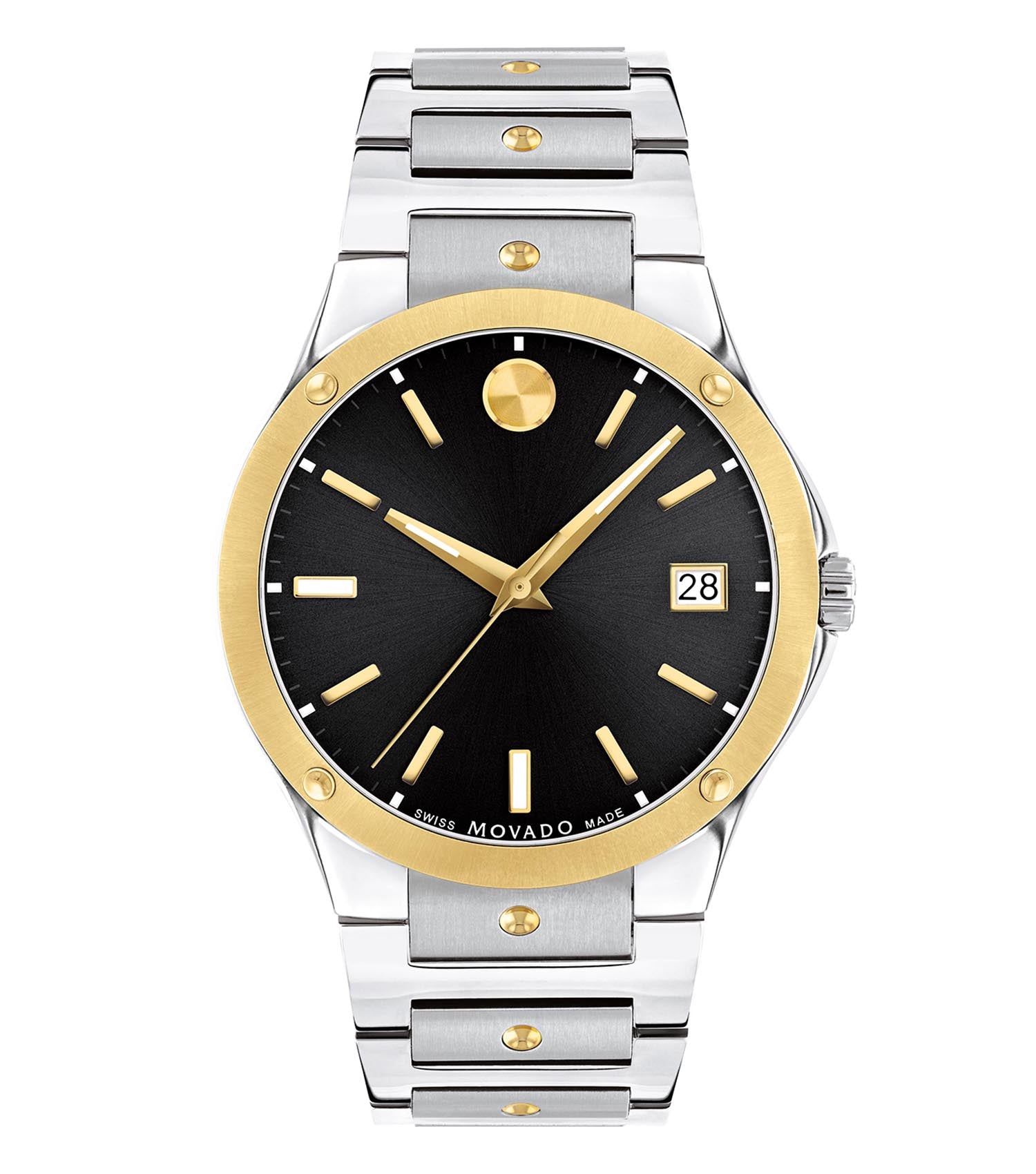 Movado watch in elegant silver, front angle, showcasing the sleek round face and minimalist design on a polished surface.