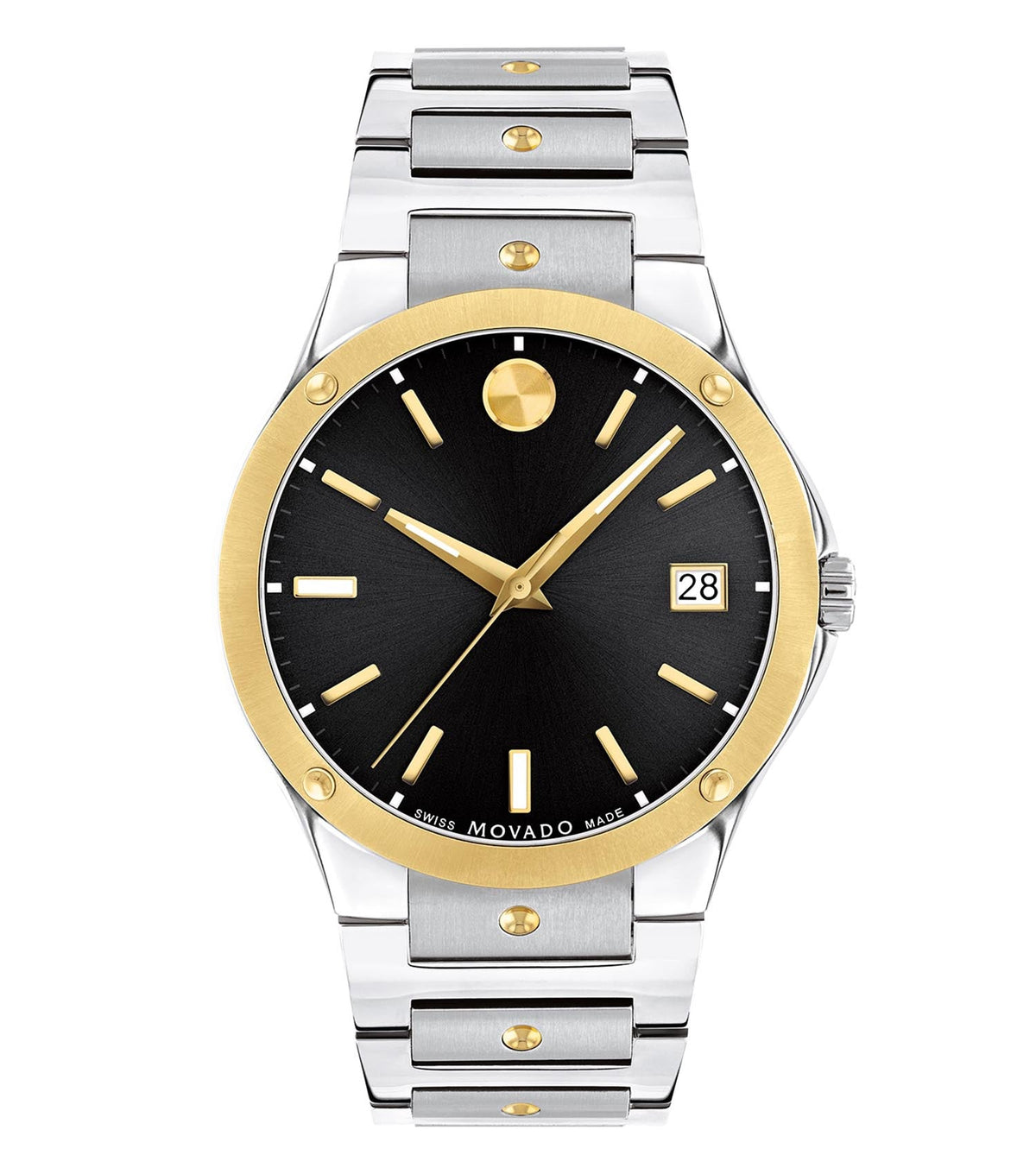 Movado watch in elegant silver, front angle, showcasing the sleek round face and minimalist design on a polished surface.