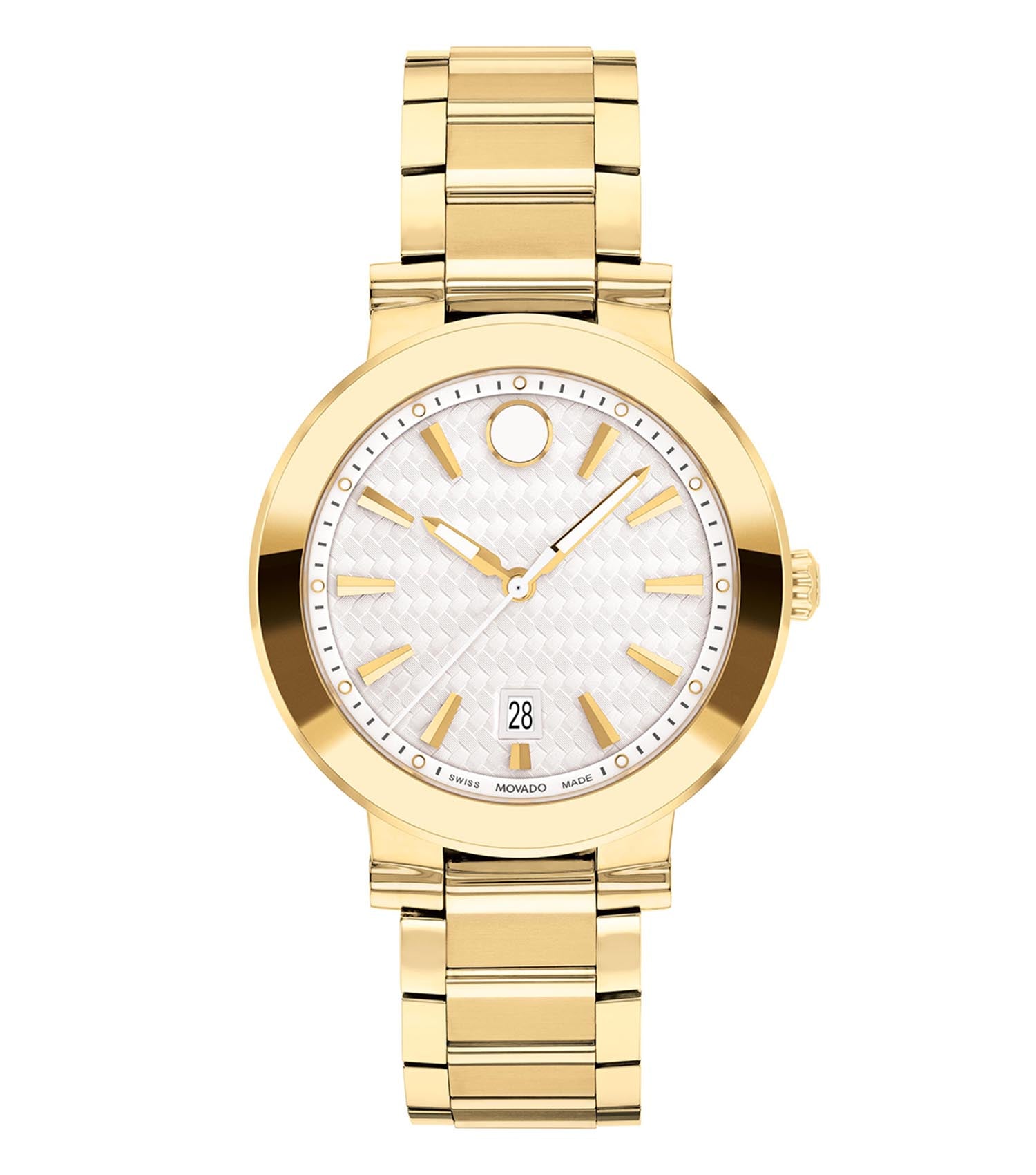 Luxury Movado watch with black dial, clear crystal, gold-tone accents, side angle view showcasing timeless elegance in design.