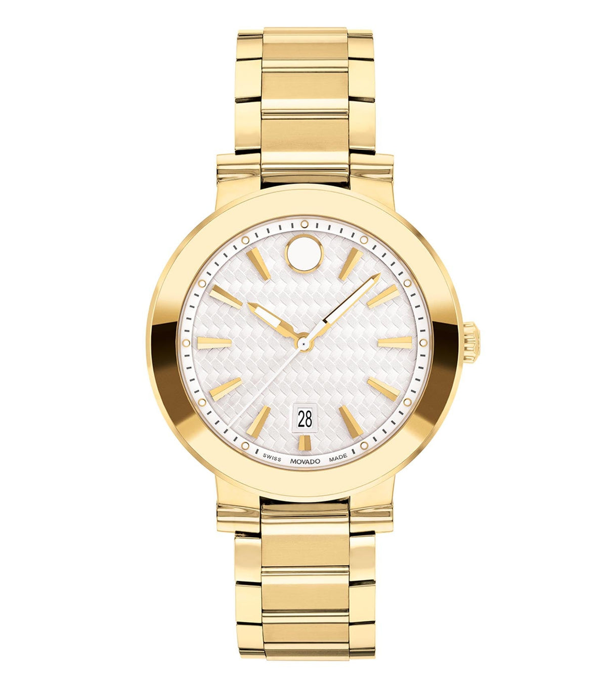 Luxury Movado watch with black dial, clear crystal, gold-tone accents, side angle view showcasing timeless elegance in design.