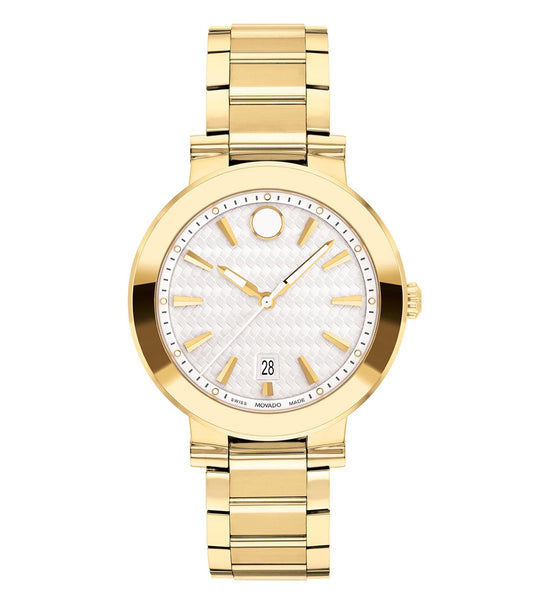 Luxury Movado watch with black dial, clear crystal, gold-tone accents, side angle view showcasing timeless elegance in design.