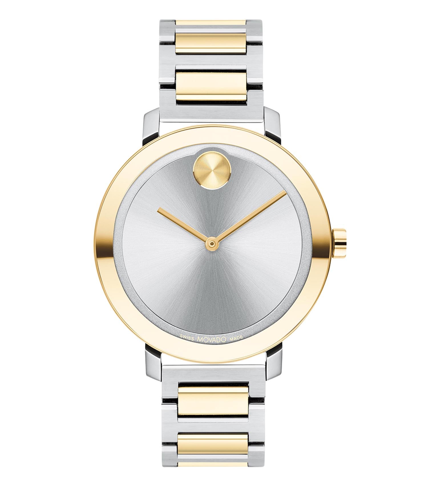 Movado watch with a sleek black design, showcased at a slightly tilted angle, revealing its elegant dial and minimalist style.