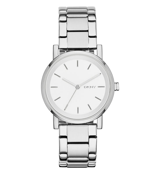 DKNY watch in a neutral tone, showcasing a minimalist round dial and sleek metal bracelet, front-facing view highlighting elegance.