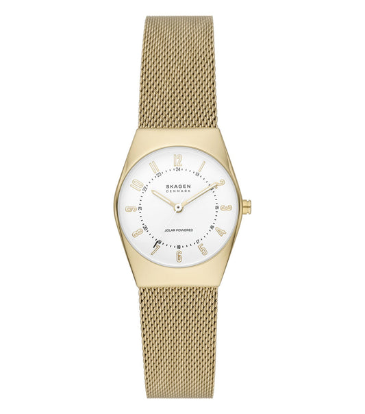 Skagen watch in silver color featured in a close-up front angle, showcasing its minimalist design and stylish leather strap.