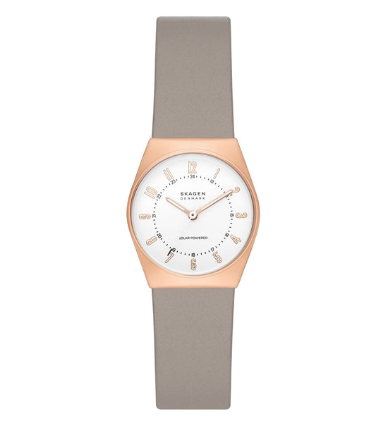 Skagen green watch with a minimalist design, featuring a round face and silver accents; front view showcasing elegance.