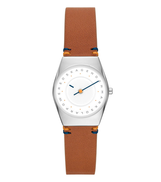 Elegant Skagen green watch featuring a sleek leather band and minimalist round dial, captured at a front-facing angle.