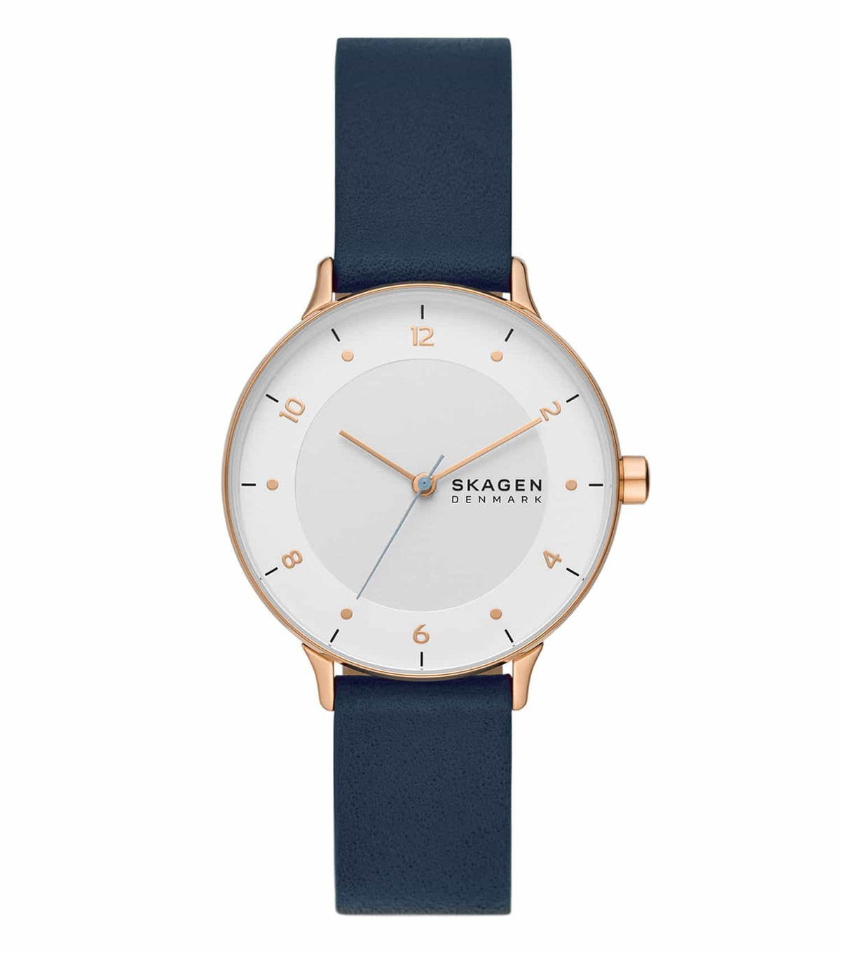 Skagen watch, quartz color, showcasing a minimalist design at a straight angle with a clean white dial and silver mesh strap.