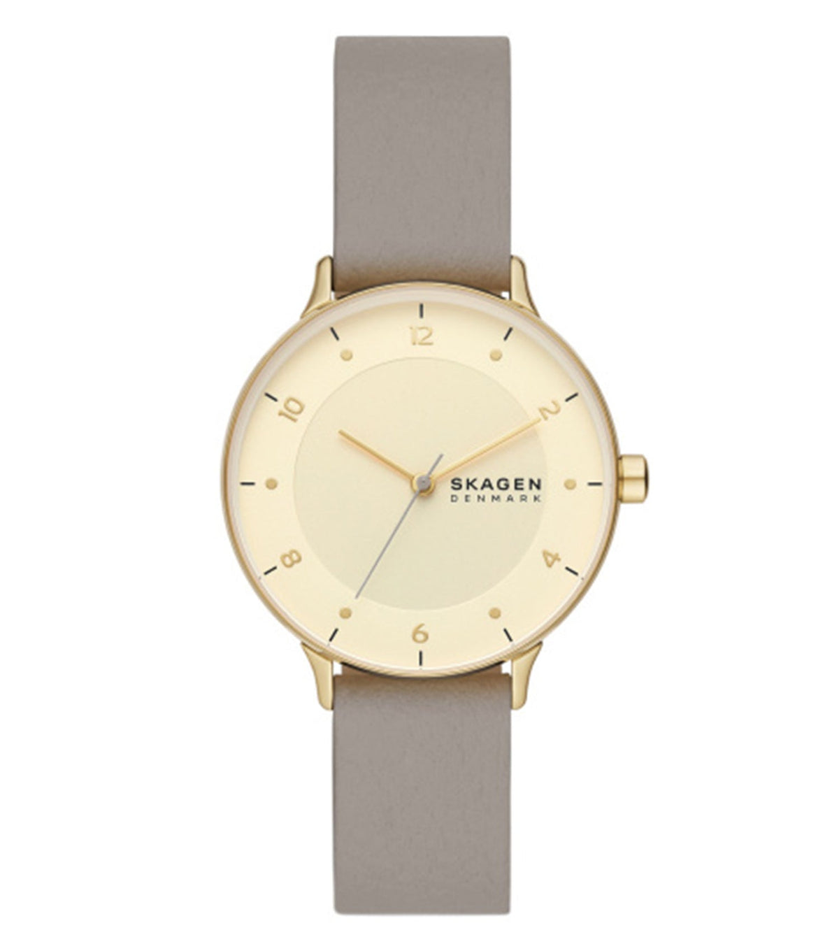 Skagen quartz watch, front angle; minimalist design, silver tone; sleek case and mesh strap, modern timepiece elegance.