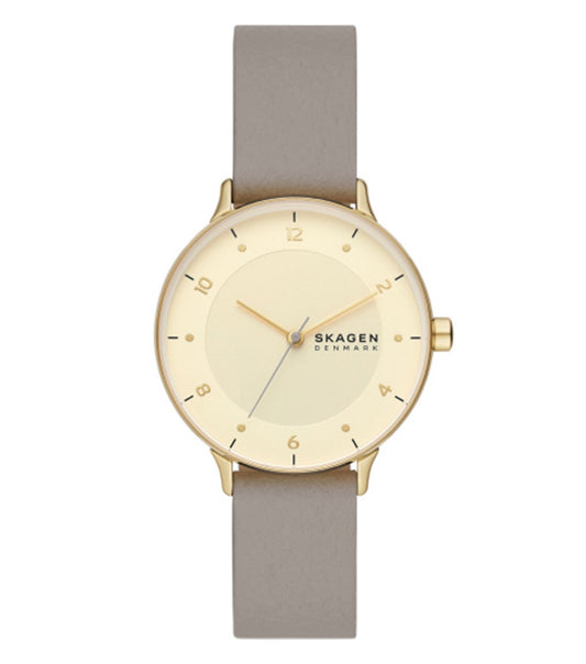 Skagen quartz watch, front angle; minimalist design, silver tone; sleek case and mesh strap, modern timepiece elegance.