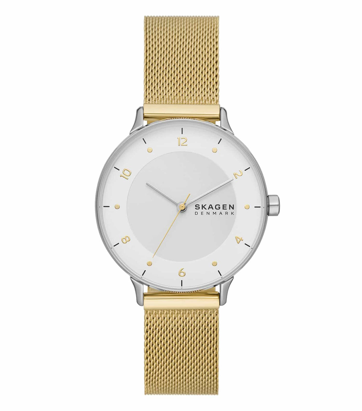 Skagen watch with quartz finish, front view; sleek minimalist design with silver mesh strap and Danish craftsmanship passion.