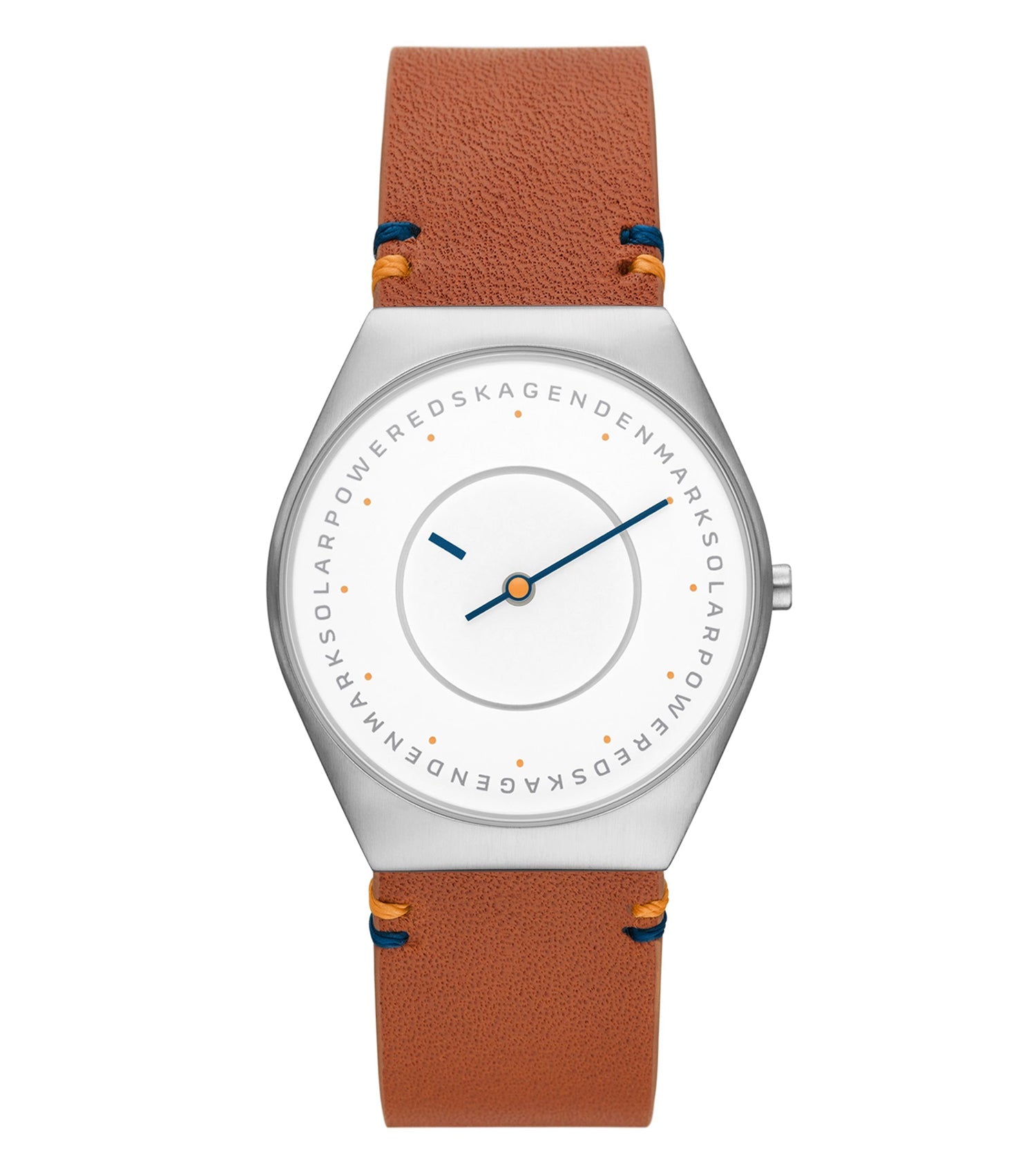 Skagen green watch, angled front view, showcasing sleek design, silver accents, minimalist Danish style, perfect for casual elegance.