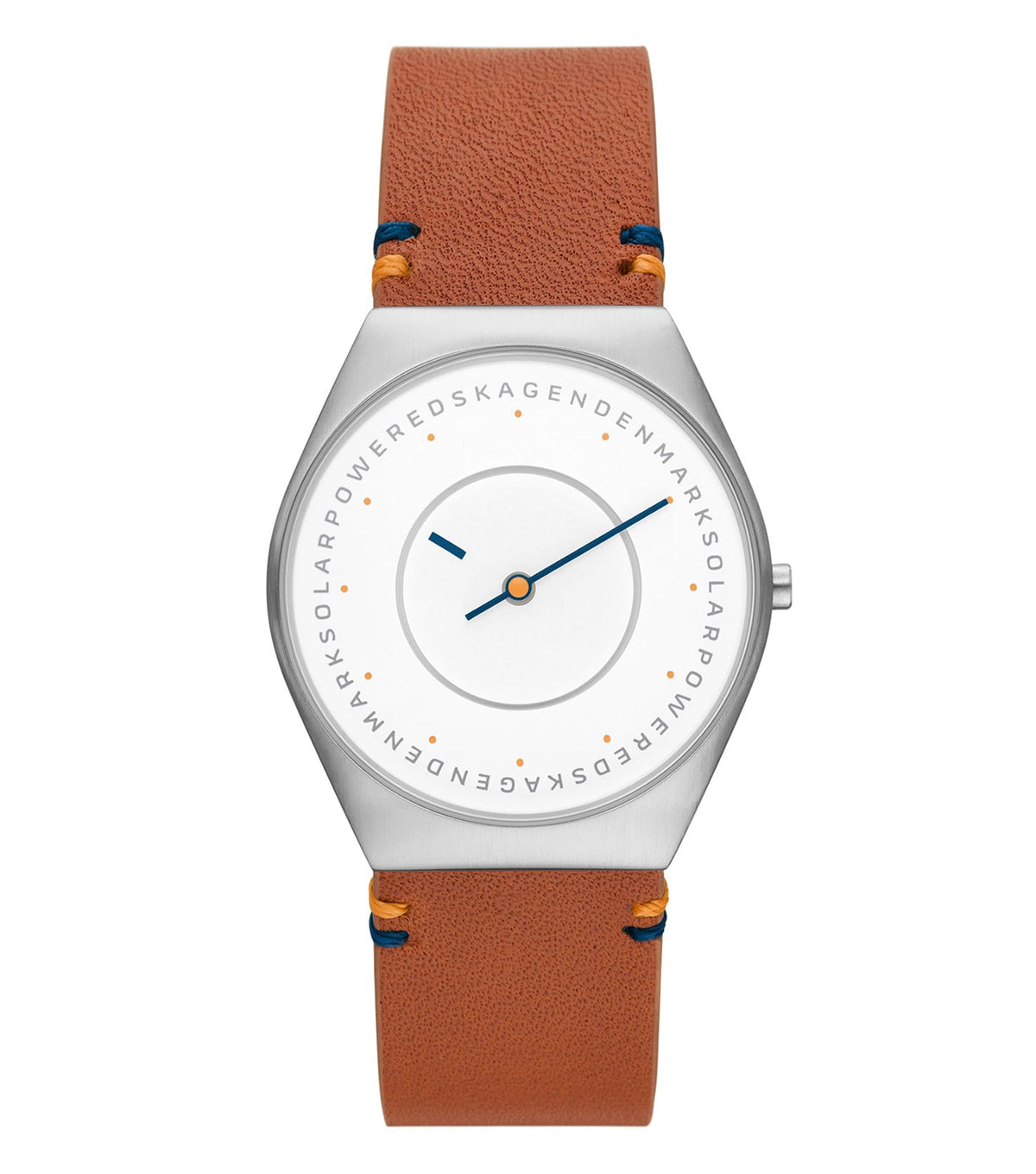 Skagen green watch, angled front view, showcasing sleek design, silver accents, minimalist Danish style, perfect for casual elegance.
