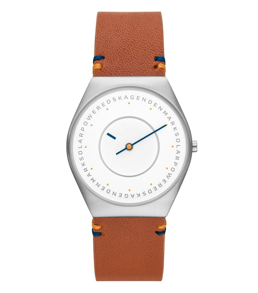 Skagen green watch, angled front view, showcasing sleek design, silver accents, minimalist Danish style, perfect for casual elegance.