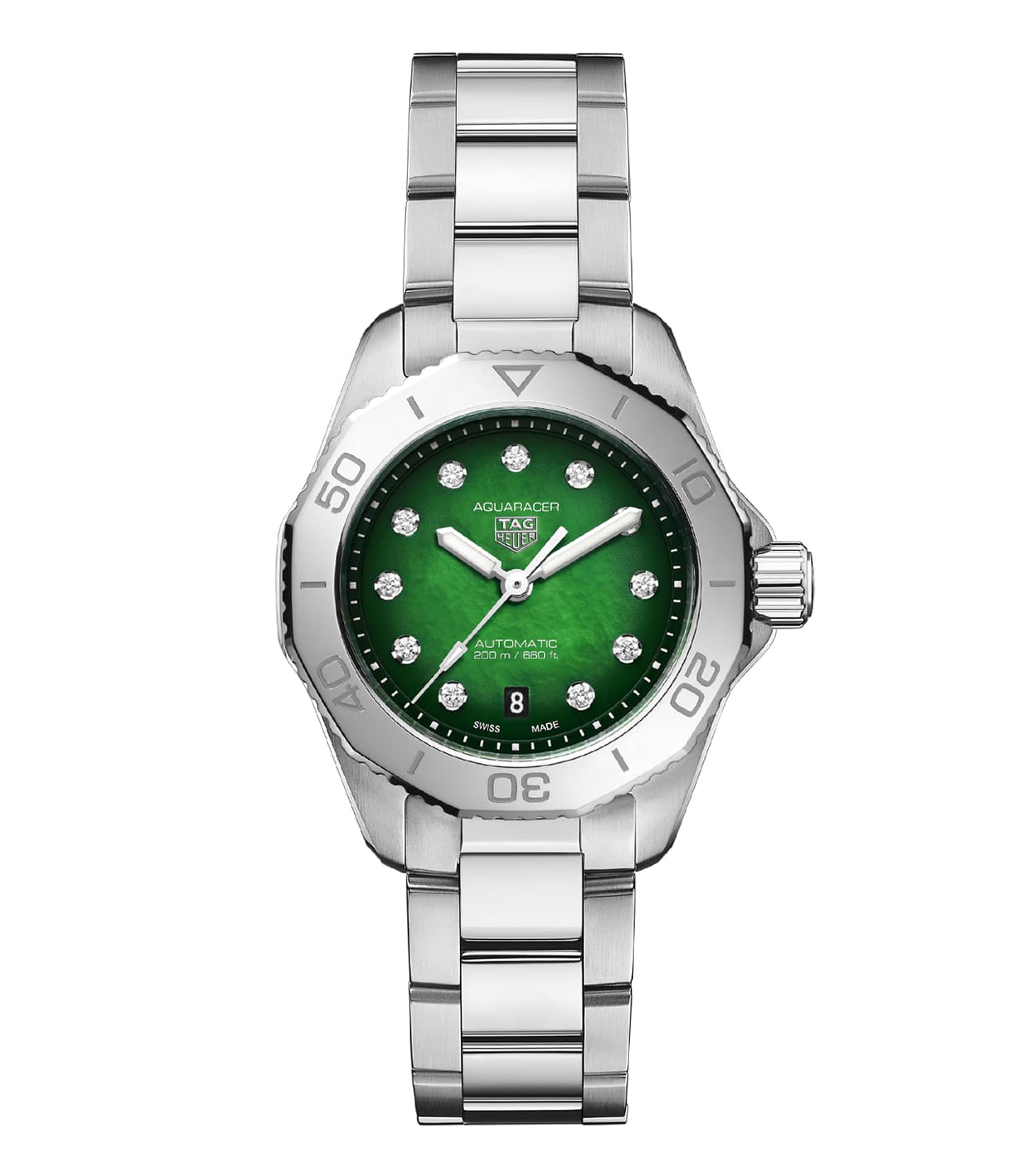 TAG Heuer Aquaracer Steel 30mm Automatic Green Dial Diamond Index Bracelet