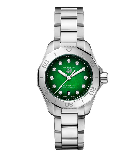 TAG Heuer Aquaracer Steel 30mm Automatic Green Dial Diamond Index Bracelet