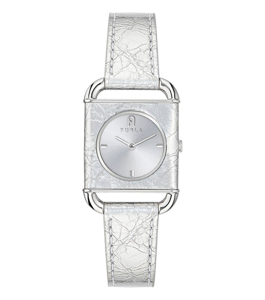 Silver square Furla watch with a minimalist design and delicate details, showcasing the timepiece face-up at an elegant angle.